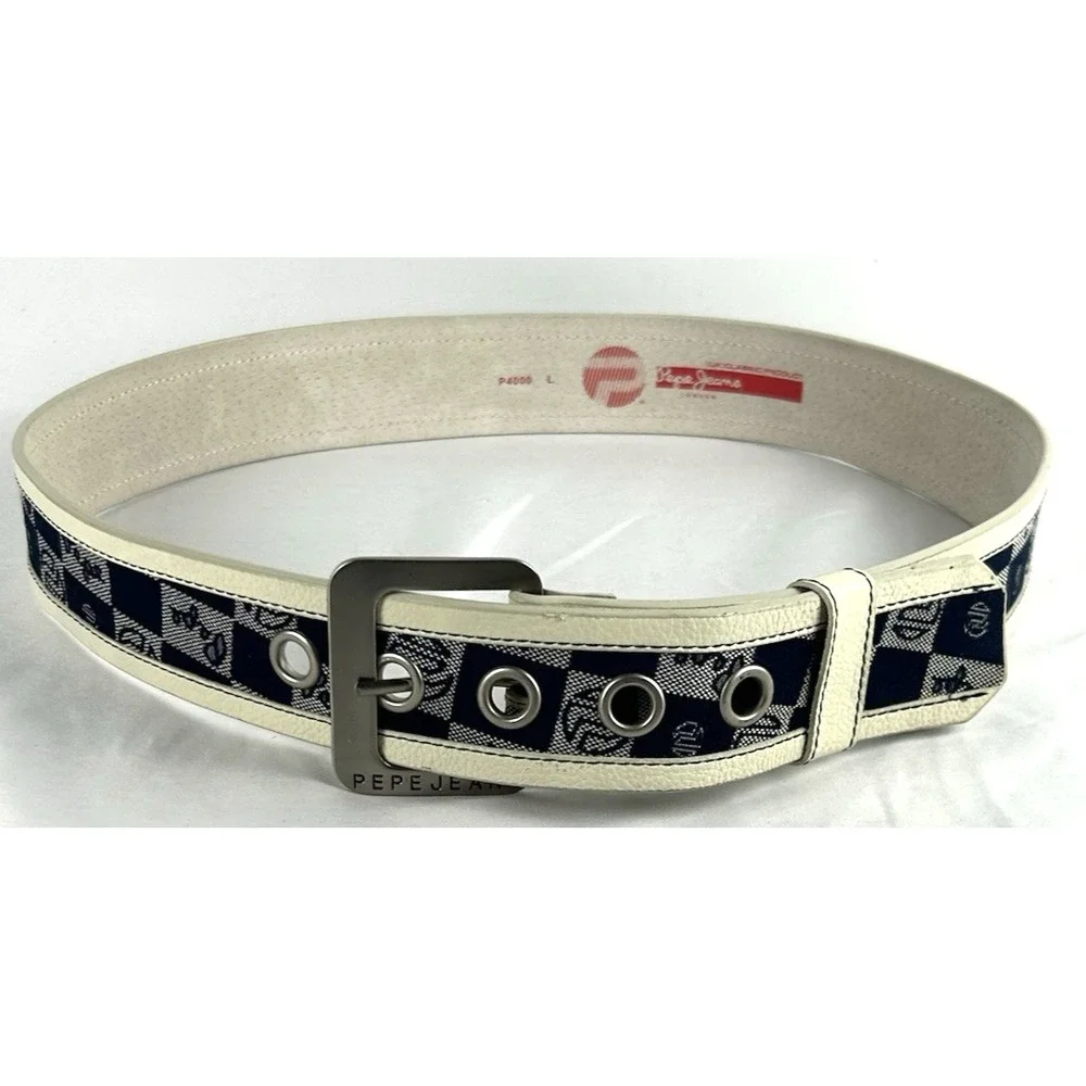 Unworn Vtg Pepe Jeans Blue White Logo Leather Belt Womens Sz L Spellout Y2K 90s